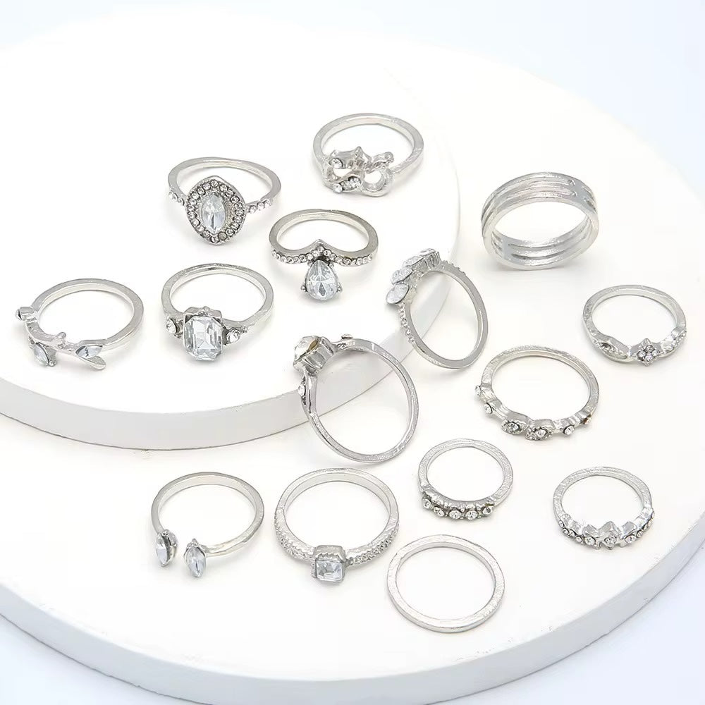 15-Piece Silver Rhinestone Ring Set – Boho Stacking Rings for Women