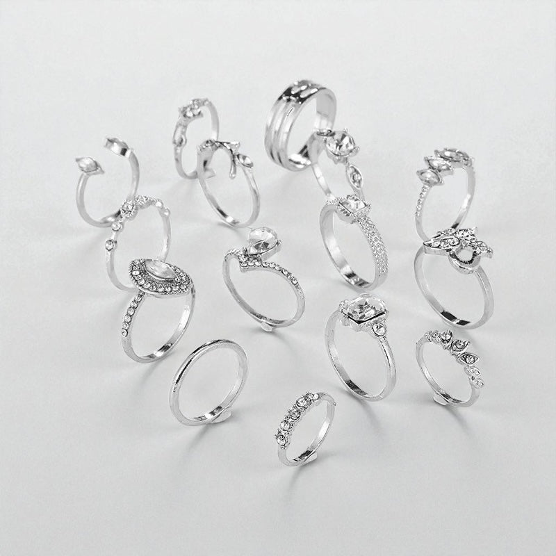 15-Piece Silver Rhinestone Ring Set – Boho Stacking Rings for Women