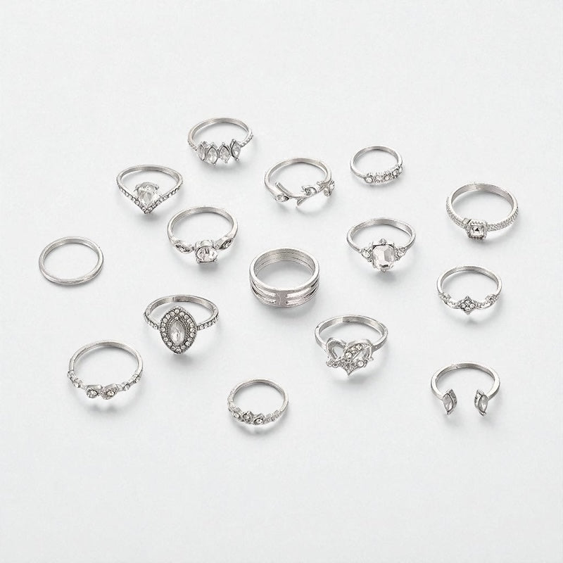 15-Piece Silver Rhinestone Ring Set – Boho Stacking Rings for Women