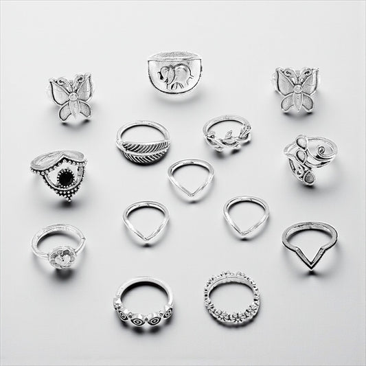 Boho Butterfly & Elephant Ring Set (15pcs) – Vintage Silver Statement Rings - Fatisha Boutique #