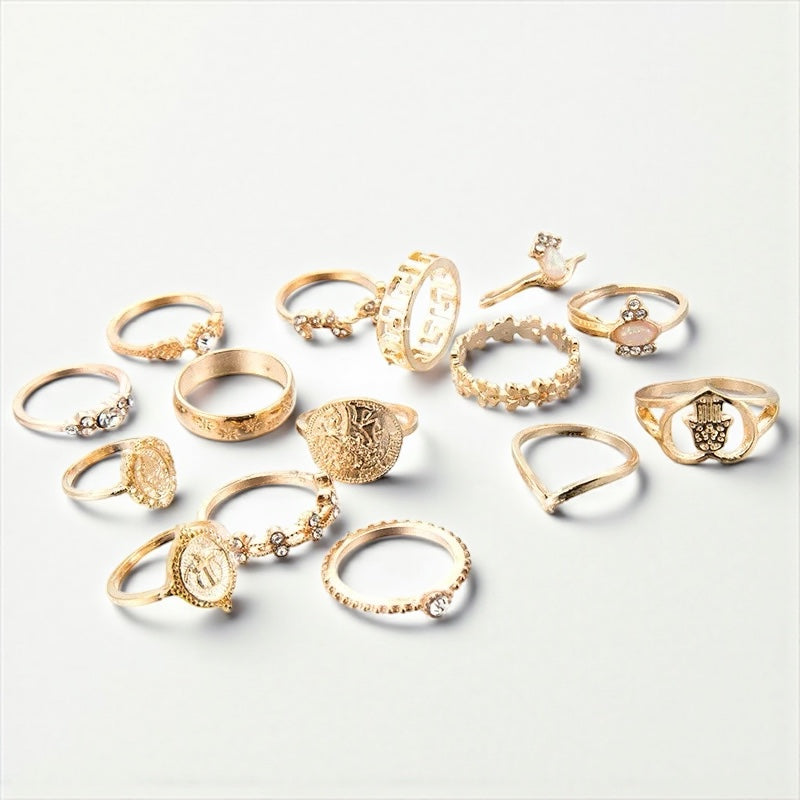 15-Piece Vintage Boho Gold Ring Set – Adjustable Retro Statement Rings for Women - Fatisha Boutique #