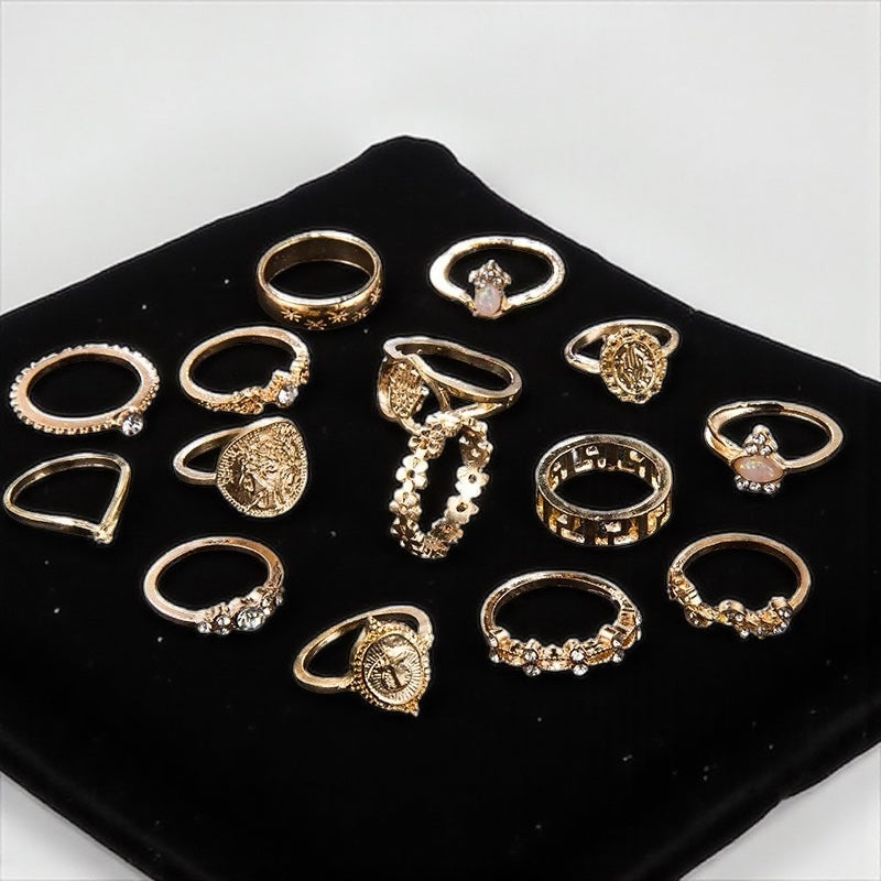 15-Piece Vintage Boho Gold Ring Set – Adjustable Retro Statement Rings for Women - Fatisha Boutique #