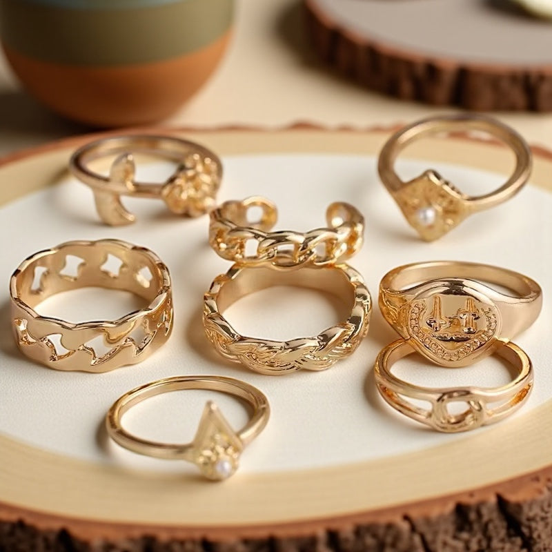 Set of 8 Adjustable Rings for Women – Gold & Silver Stackable Fashion Jewellery - Fatisha Boutique #