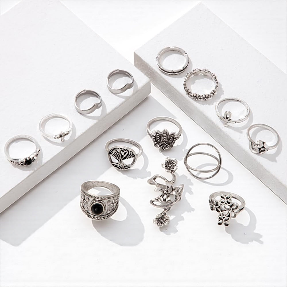 Set of 14 Bohemian Silver Rings – Vintage Floral & Nature Adjustable Jewellery - Fatisha Boutique #