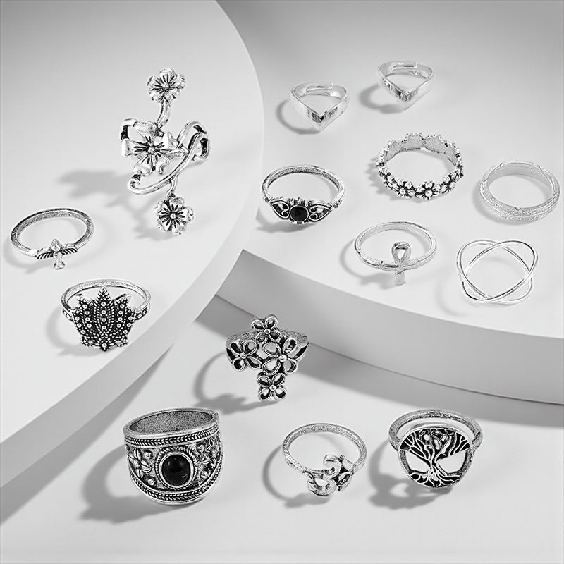 Set of 14 Bohemian Silver Rings – Vintage Floral & Nature Adjustable Jewellery - Fatisha Boutique #