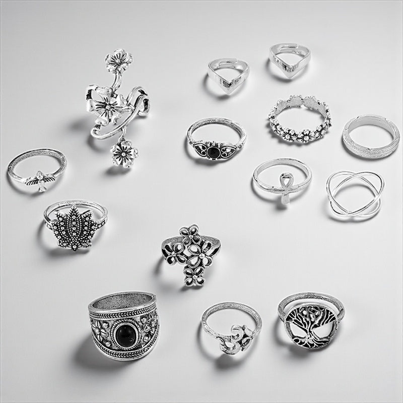 Set of 14 Bohemian Silver Rings – Vintage Floral & Nature Adjustable Jewellery - Fatisha Boutique #