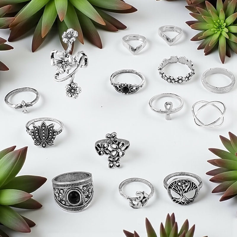 Set of 14 Bohemian Silver Rings – Vintage Floral & Nature Adjustable Jewellery - Fatisha Boutique #