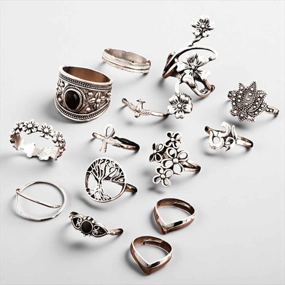 Set of 14 Bohemian Silver Rings – Vintage Floral & Nature Adjustable Jewellery - Fatisha Boutique #