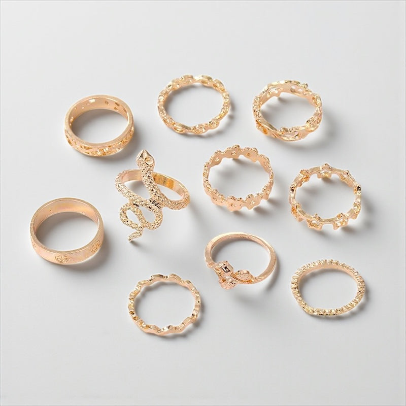 Set of 10 Gold Rings – Snake, Stars & Geometric Stackable Fashion Jewellery - Fatisha Boutique #