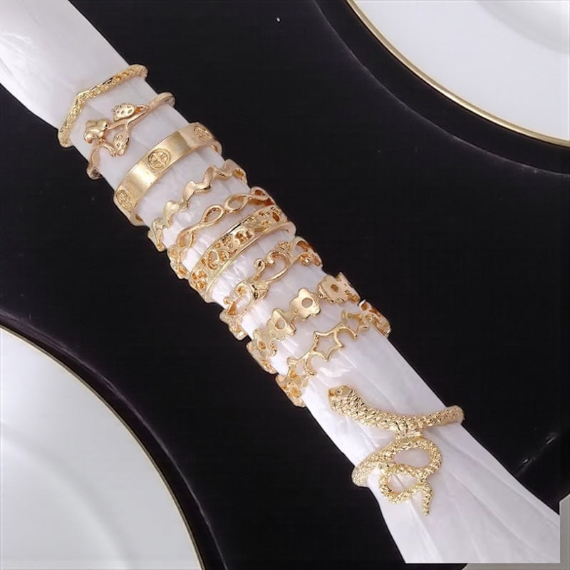 Set of 10 Gold Rings – Snake, Stars & Geometric Stackable Fashion Jewellery - Fatisha Boutique #
