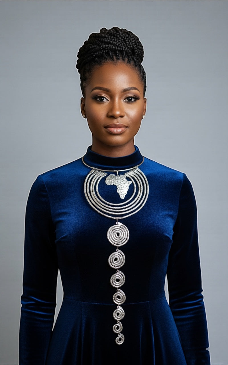 Authentic African Silver Statement Necklace – Handcrafted Long Spiral Pendant with Africa Map, Bold Afrocentric Jewellery - Fatisha Boutique #