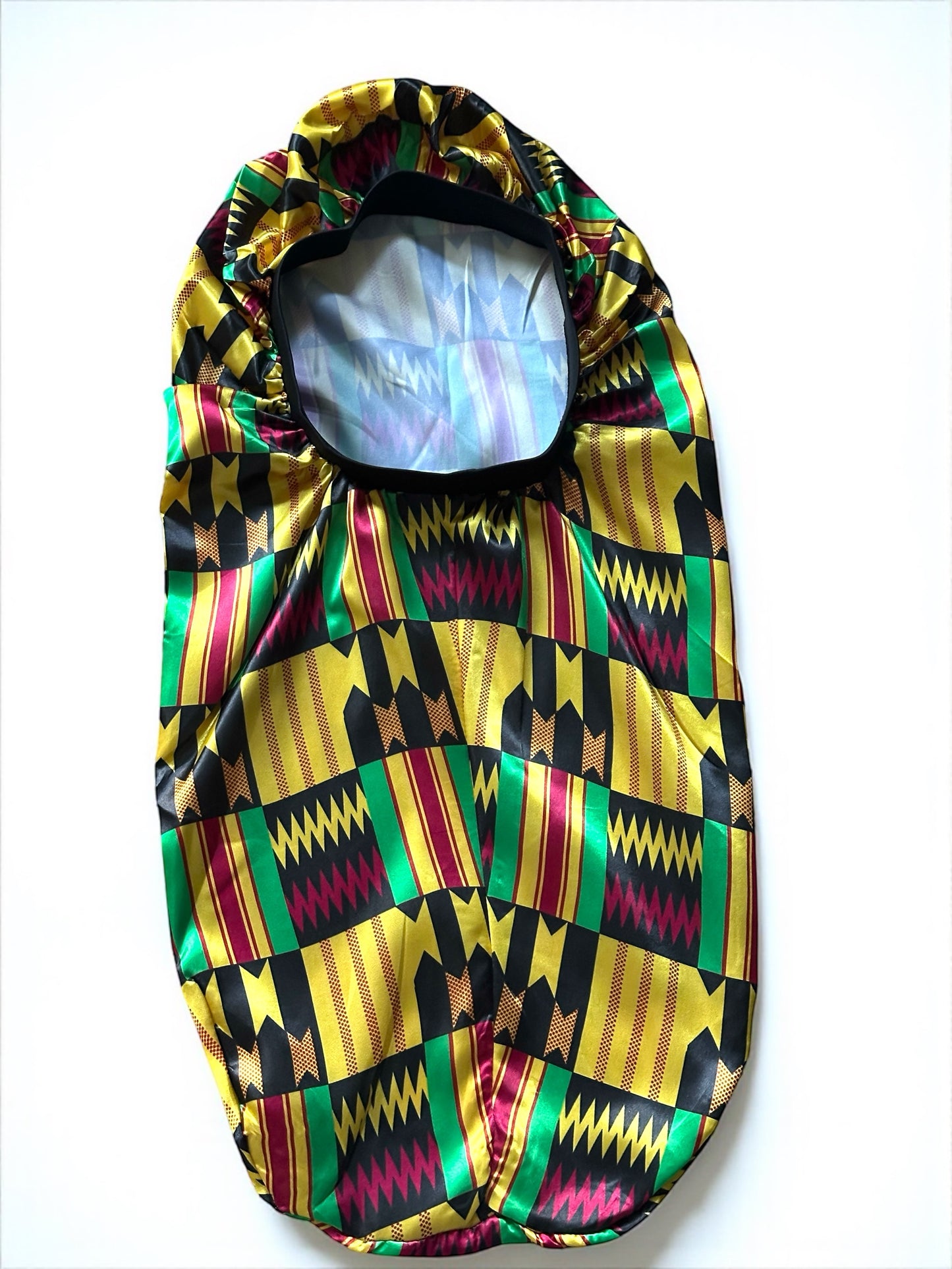 Kente Satin Silk Long Bonnet Cap – Adjustable Sleep Cap for Braids, Locs & Long Hair - Fatisha Boutique #