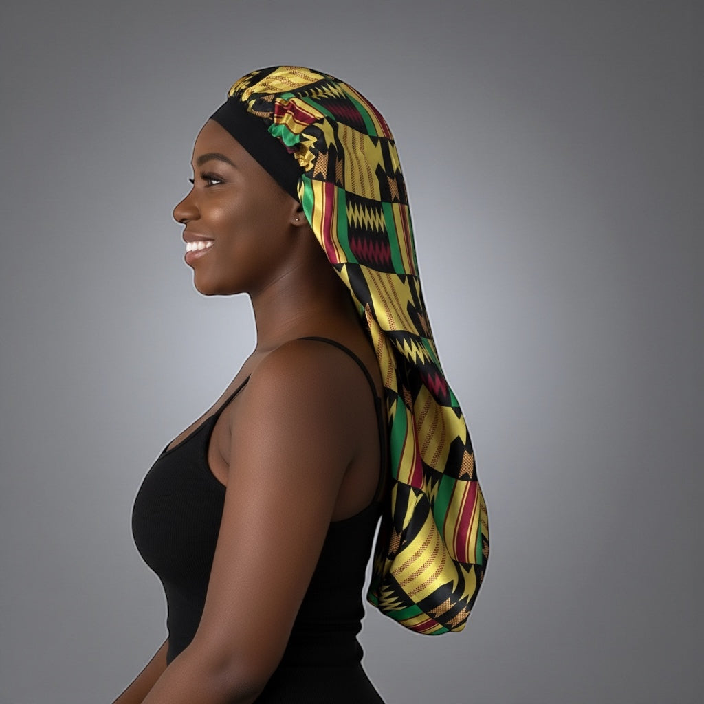 Kente Satin Silk Long Bonnet Cap – Adjustable Sleep Cap for Braids, Locs & Long Hair - Fatisha Boutique #
