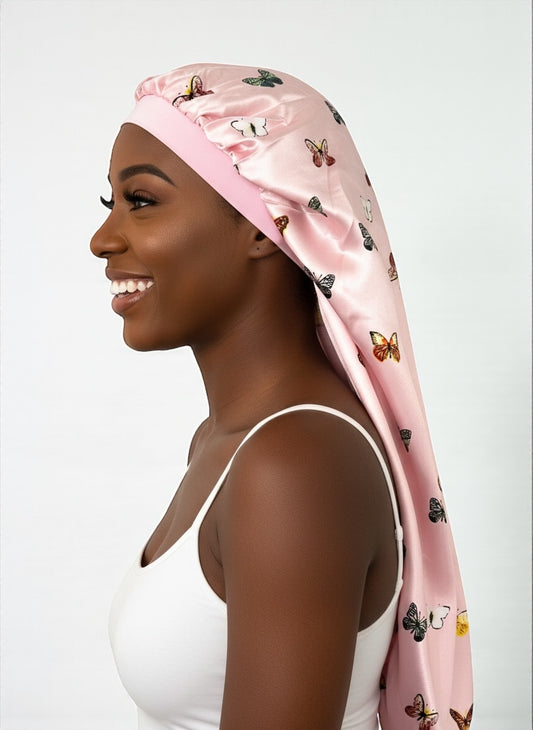 Butterflies Print Long Satin Silk Bonnet Cap – Sleep Cap for Braids, Locs & Long Hair - Fatisha Boutique #