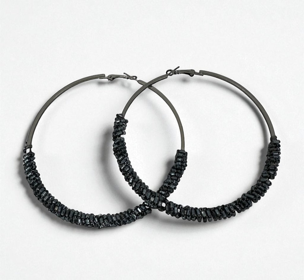 Black Statement Beaded Hoop Earrings – 9CM Bold Fashion Jewellery - Fatisha Boutique #