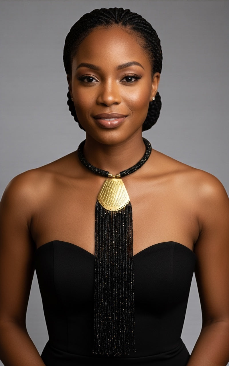 Long Authentic African Engraved Brass Black Beaded Fringe Pendant Necklace - Fatisha Boutique #