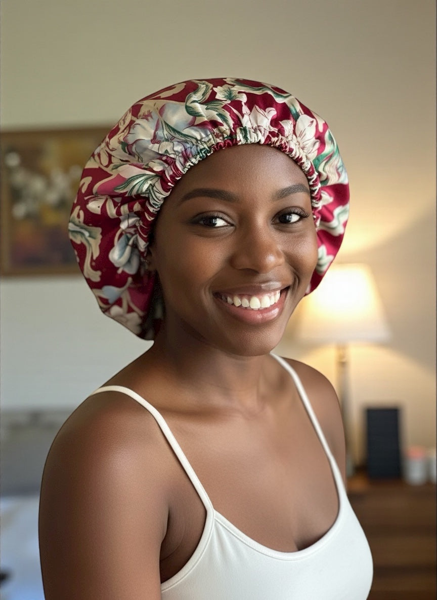 Adjustable Double-Layered Satin Silk Bonnet Cap – Reversible Red Floral Sleep Cap for Hair Protection - Fatisha Boutique #