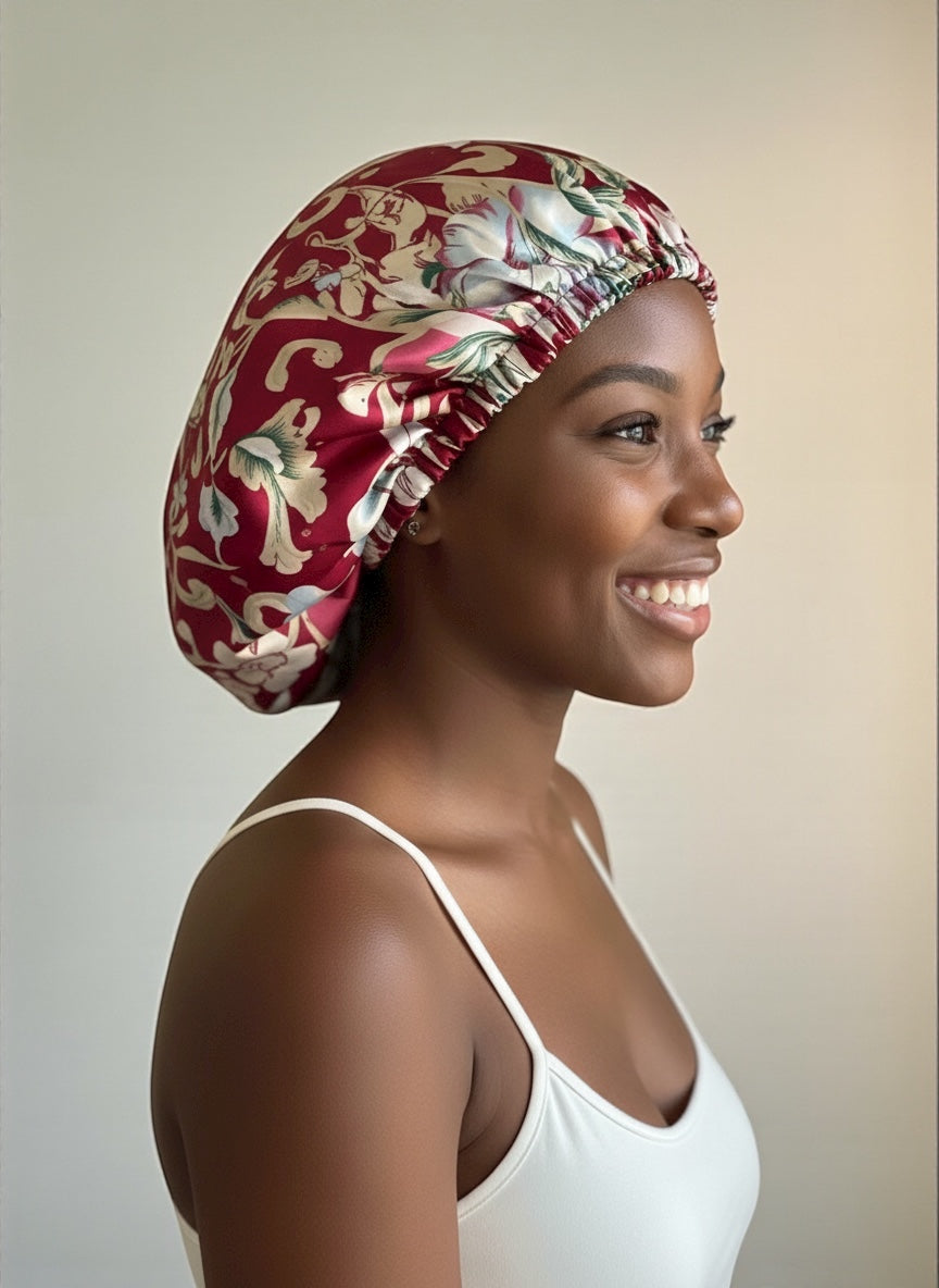 Adjustable Double-Layered Satin Silk Bonnet Cap – Reversible Red Floral Sleep Cap for Hair Protection - Fatisha Boutique #