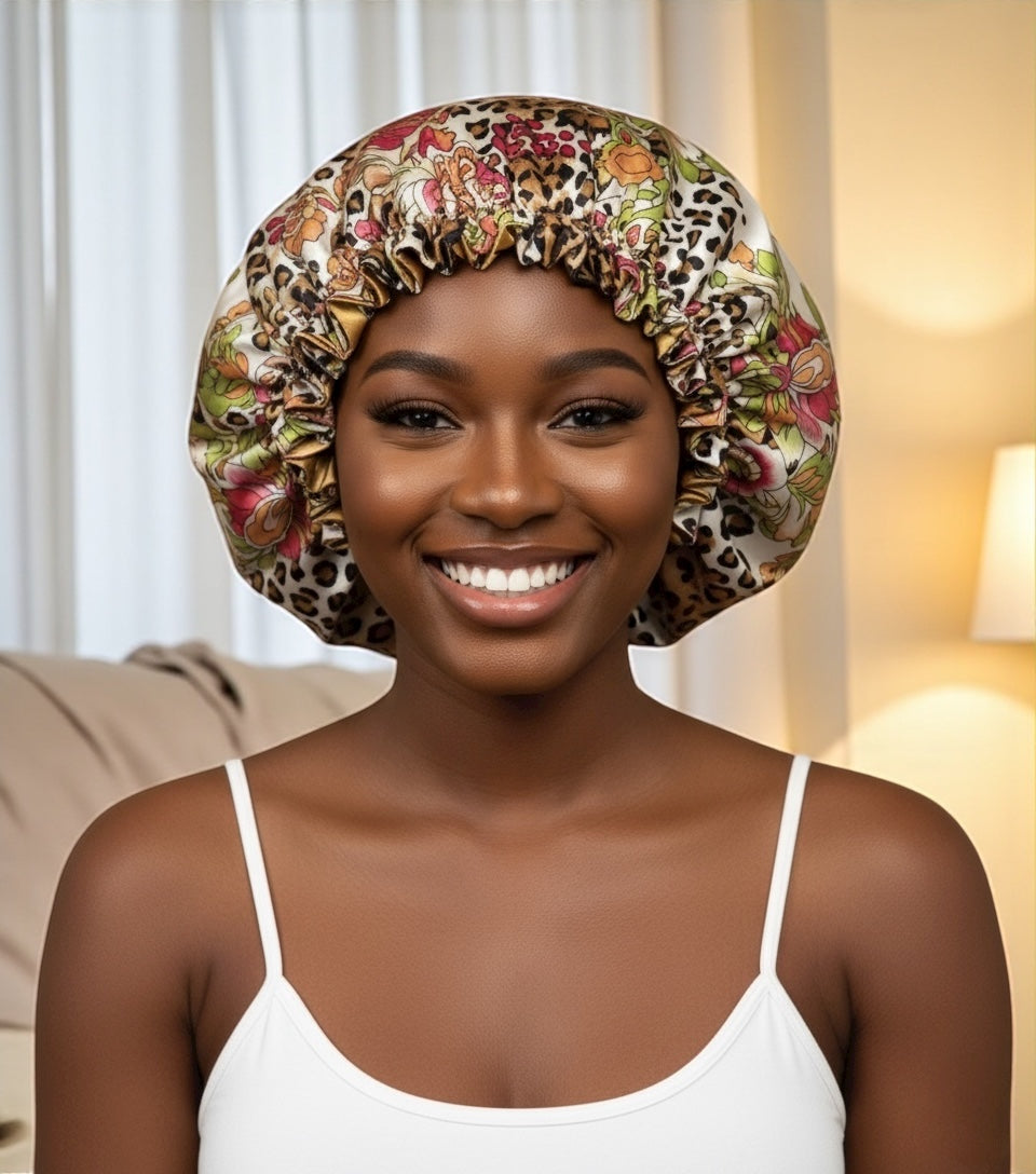 Adjustable Reversible Satin Bonnet – Floral & Animal Print Silk Sleep Cap for Hair Care - Fatisha Boutique #