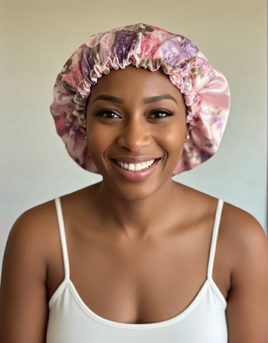Adjustable Double-Layered Satin Silk Bonnet – Pink Floral Reversible Sleep Cap for Hair Protection - Fatisha Boutique #