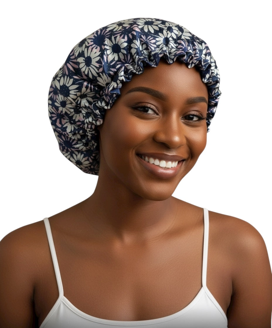 Adjustable Double-Layered Satin Silk Bonnet Cap – Reversible Blue Floral Sleep Cap for Hair Protection - Fatisha Boutique #