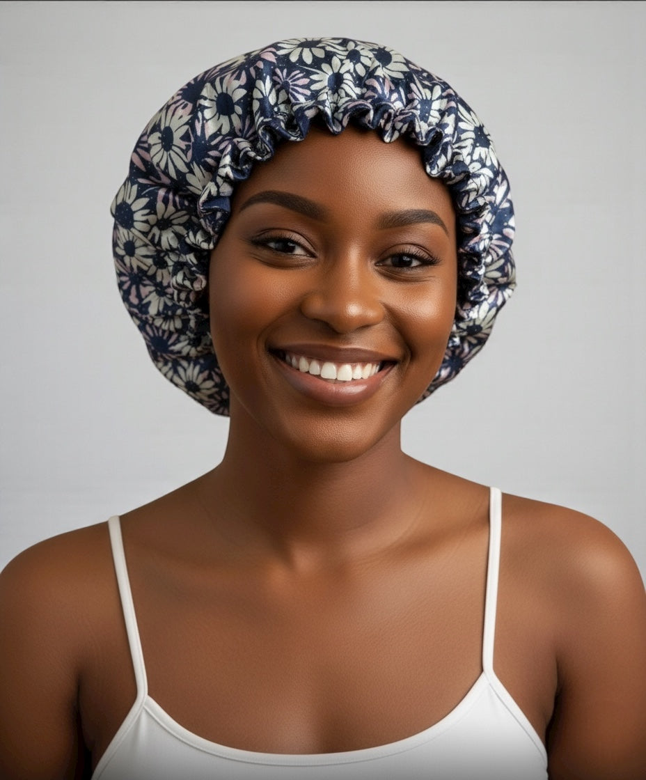 Adjustable Double-Layered Satin Silk Bonnet Cap – Reversible Blue Floral Sleep Cap for Hair Protection - Fatisha Boutique #