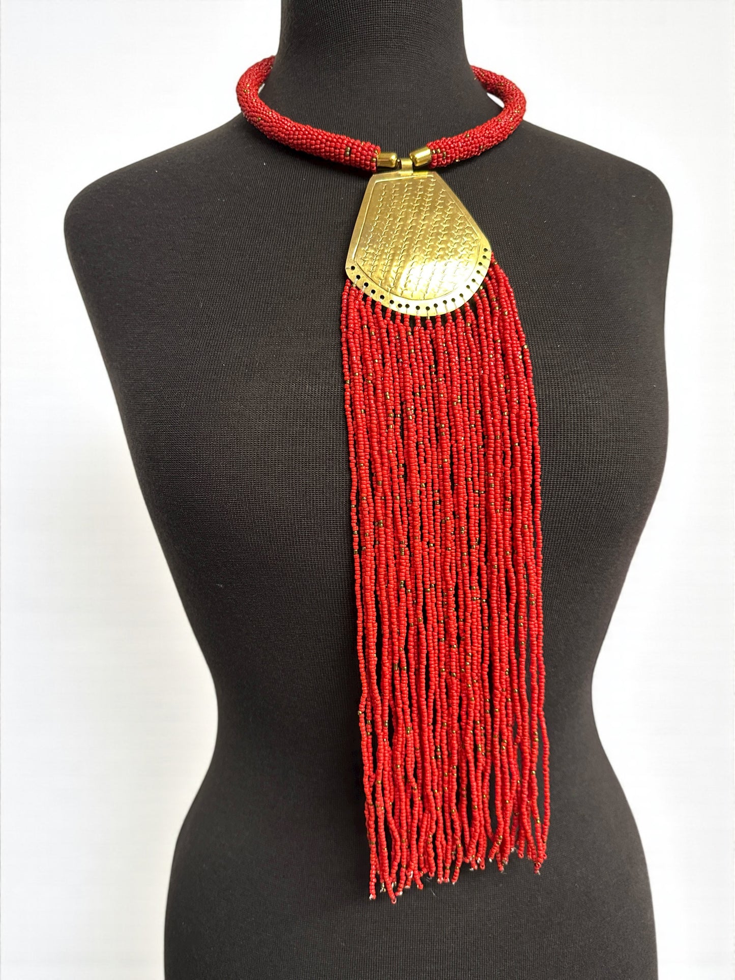 Long African Brass Pendant Necklace with Red Beaded Fringe – Handmade Statement Tribal Jewellery - Fatisha Boutique #