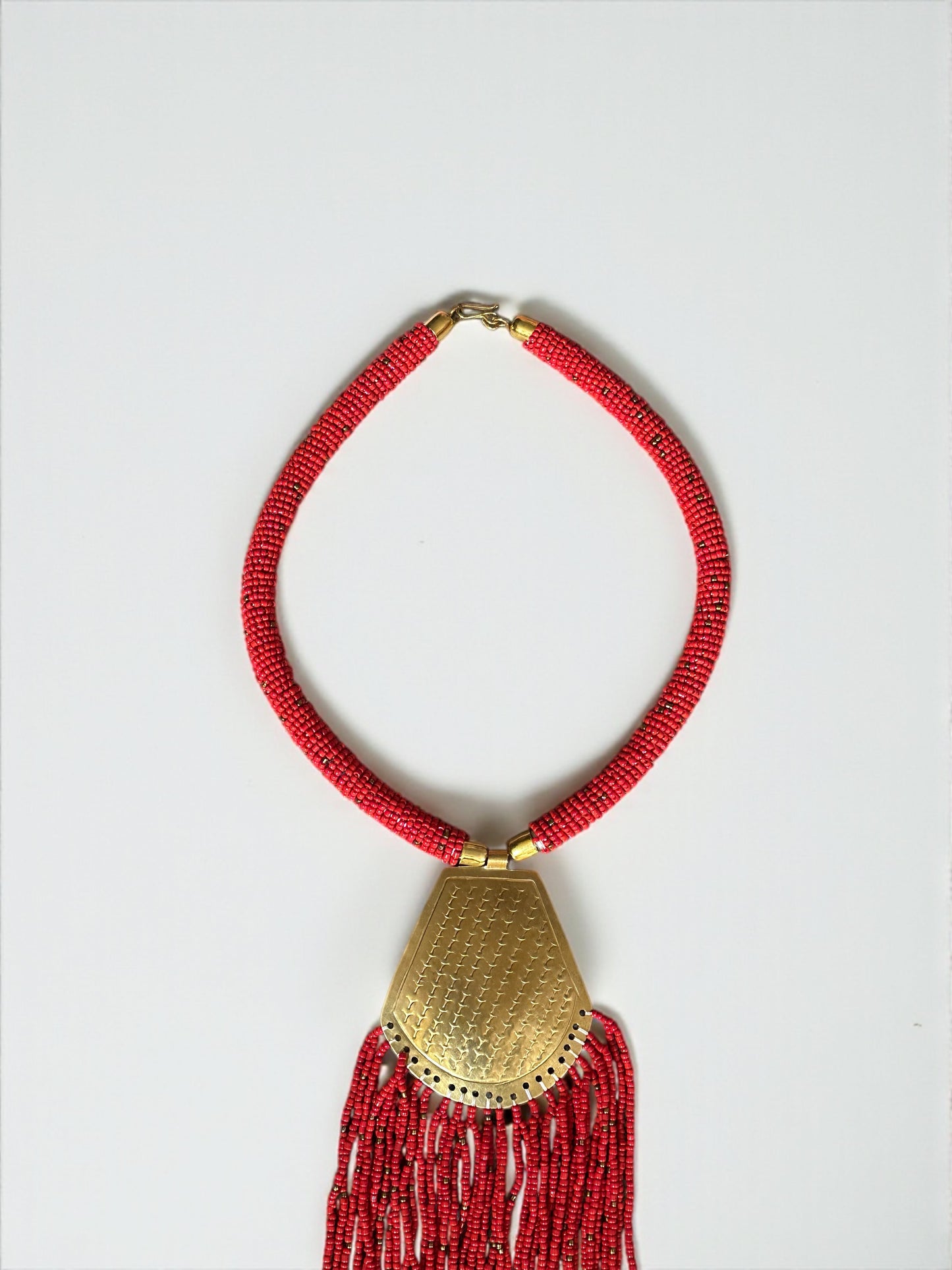 Long African Brass Pendant Necklace with Red Beaded Fringe – Handmade Statement Tribal Jewellery - Fatisha Boutique #