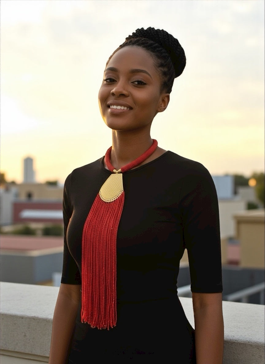Long African Brass Pendant Necklace with Red Beaded Fringe – Handmade Statement Tribal Jewellery - Fatisha Boutique #