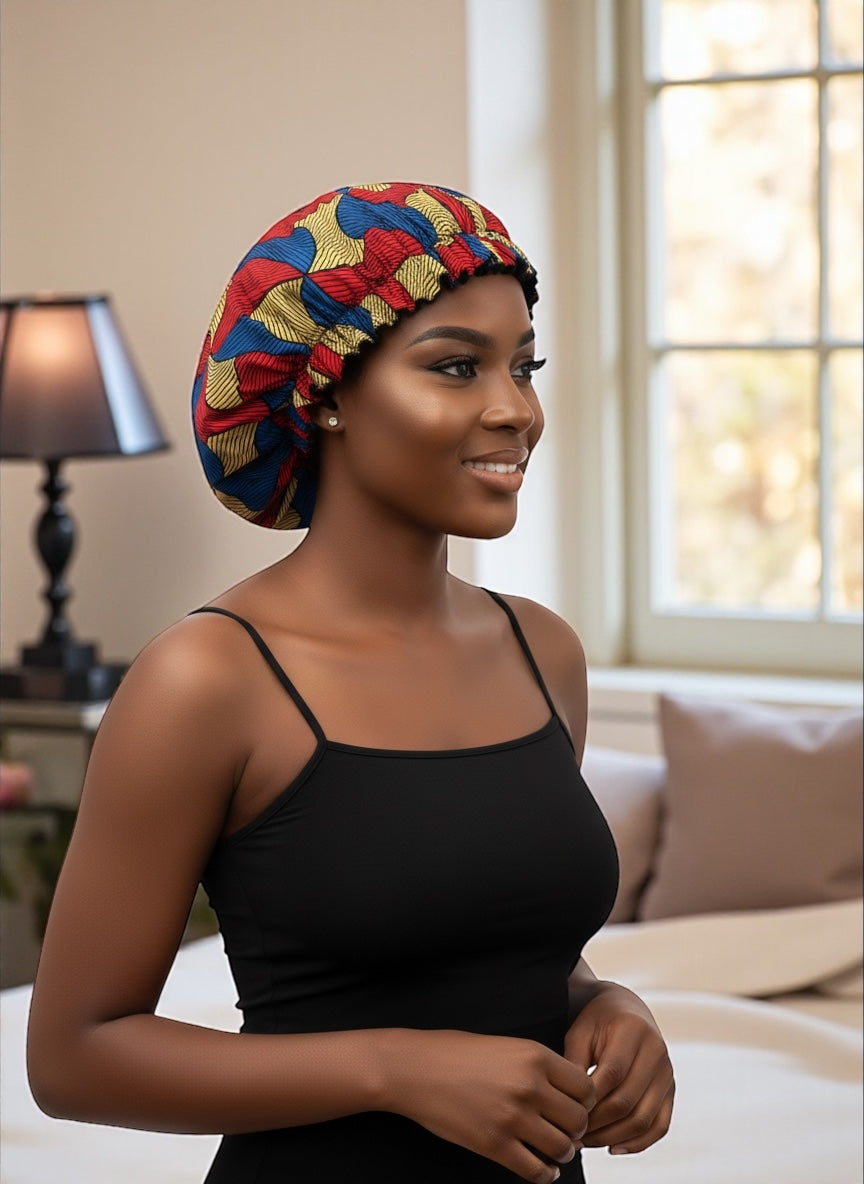 Ankara Satin Silk Reversible Bonnet – Double Layered Cap for Braids & Natural Hair Protection - Fatisha Boutique #
