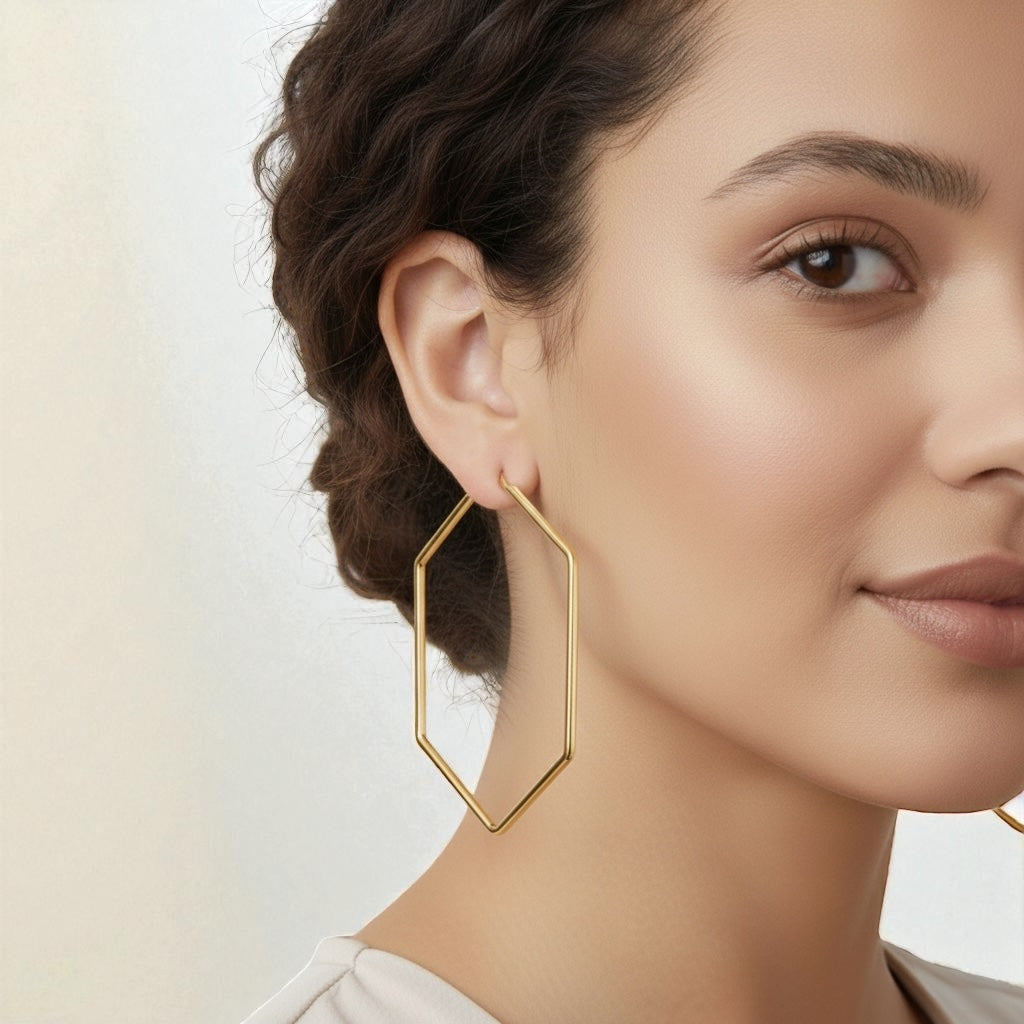 Bold 7cm Hexagon Hoop Earrings – Lightweight Gold Statement Earrings for Women - Fatisha Boutique #