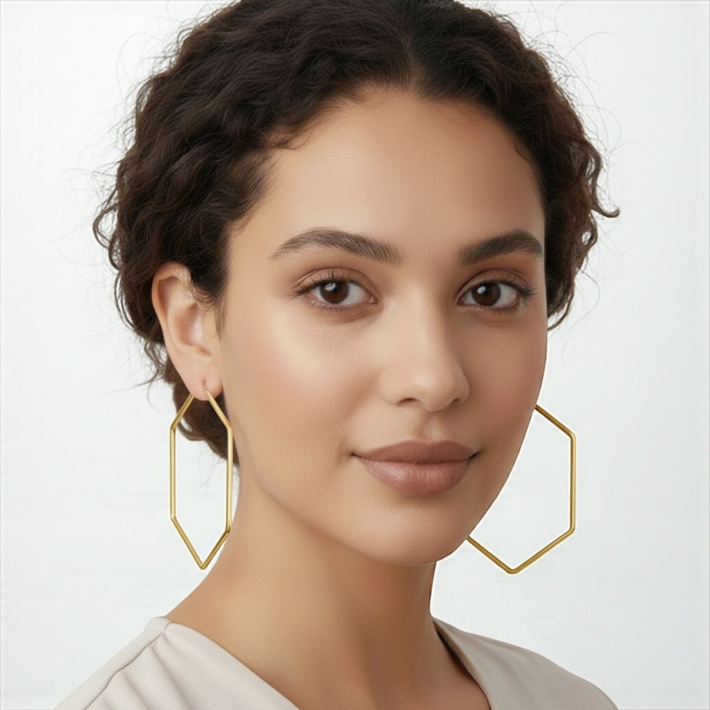 Bold 7cm Hexagon Hoop Earrings – Lightweight Gold Statement Earrings for Women - Fatisha Boutique #