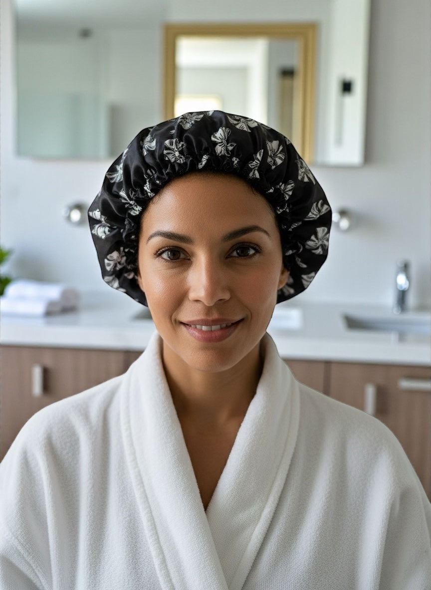 Adjustable Double-Layered Satin Silk Shower & Deep Conditioning Bonnet Cap – Waterproof, Reversible Hair Protector - Fatisha Boutique #