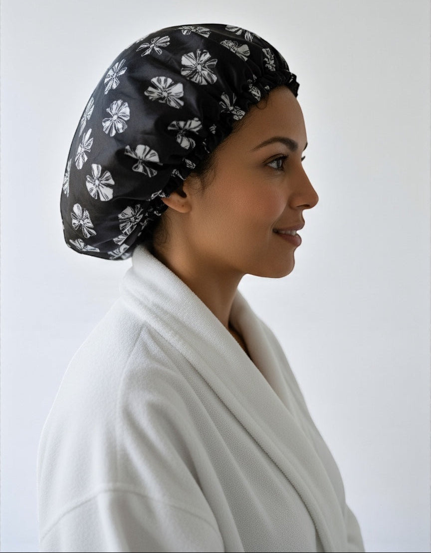 Adjustable Double-Layered Satin Silk Shower & Deep Conditioning Bonnet Cap – Waterproof, Reversible Hair Protector - Fatisha Boutique #