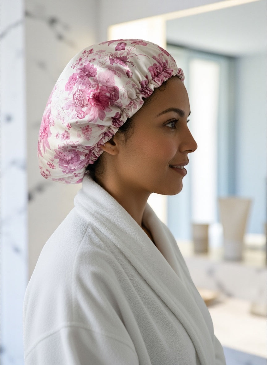 Adjustable Double-Layered Satin Silk Shower & Deep Conditioning Bonnet Cap – Waterproof, Reversible Hair Protector - Fatisha Boutique #