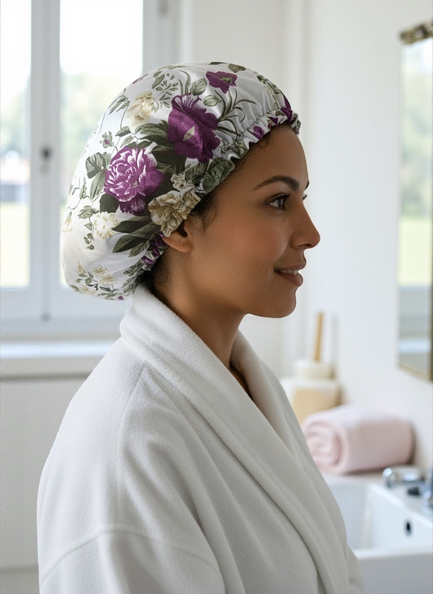 Adjustable Double-Layered Satin Silk Shower & Deep Conditioning Bonnet Cap – Waterproof, Reversible Hair Protector - Fatisha Boutique #