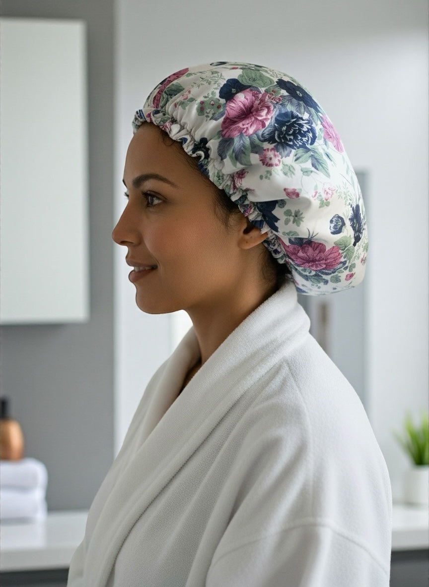 Adjustable Double-Layered Satin Silk Shower & Deep Conditioning Bonnet Cap – Waterproof, Reversible Hair Protector - Fatisha Boutique #