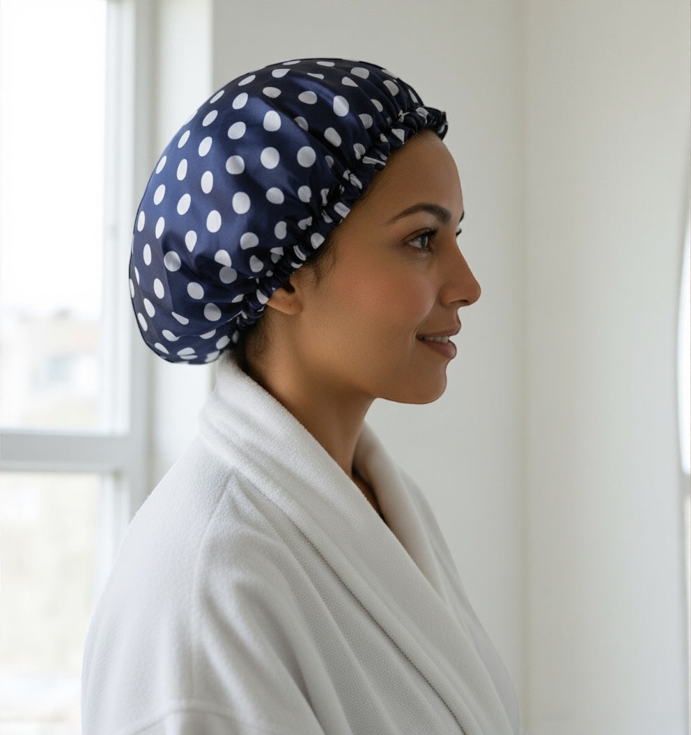 Adjustable Double-Layered Satin Silk Shower & Deep Conditioning Bonnet Cap – Waterproof, Reversible Hair Protector - Fatisha Boutique #