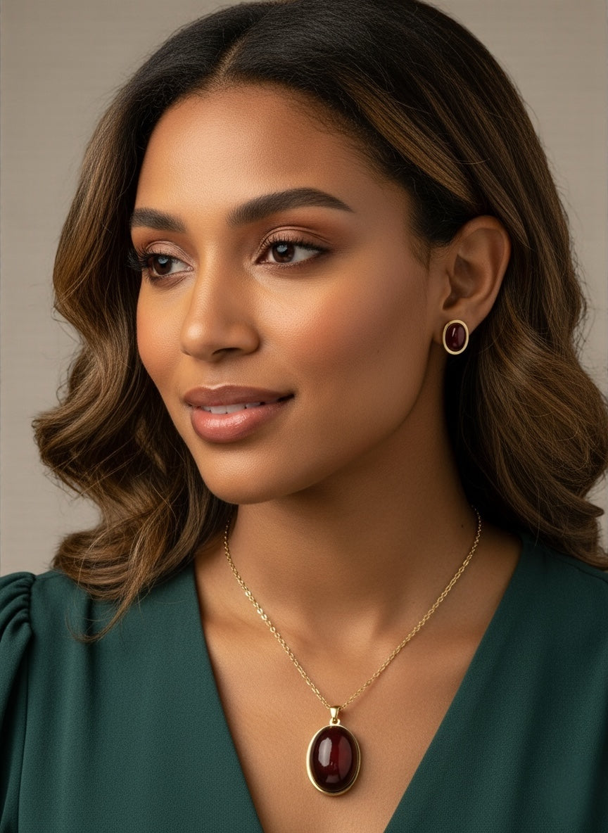Elegant Gold & Silver Stainless Steel Oval Pendant Necklace & Stud Earrings Set – Minimalist Gift Jewellery - Fatisha Boutique #