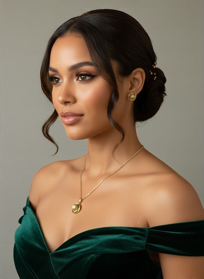 Stainless Steel Textured Sphere Necklace & Earrings Set – Elegant Gold & Silver Jewellery Gift for Women - Fatisha Boutique #