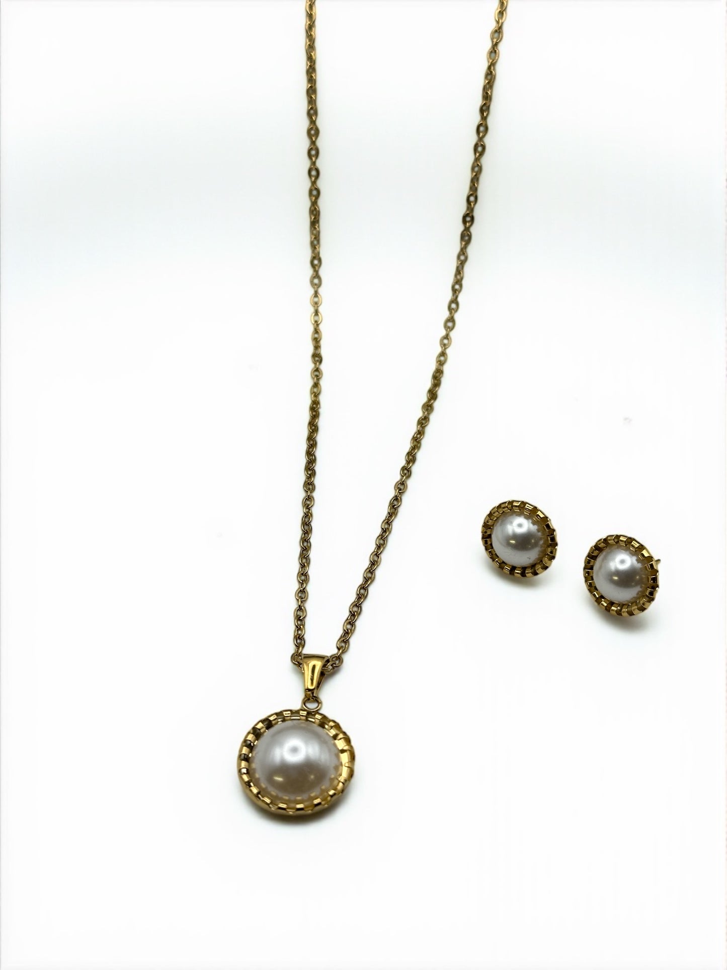 Elegant Pearl-Inspired Jewellery Set – Stainless Steel Necklace & Stud Earrings in Gold & Silver - Fatisha Boutique #