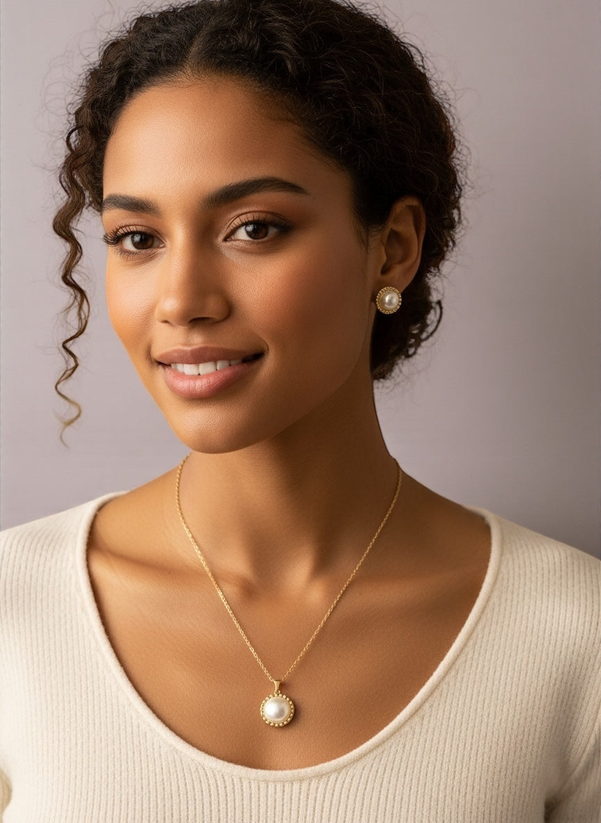 Elegant Pearl-Inspired Jewellery Set – Stainless Steel Necklace & Stud Earrings in Gold & Silver - Fatisha Boutique #