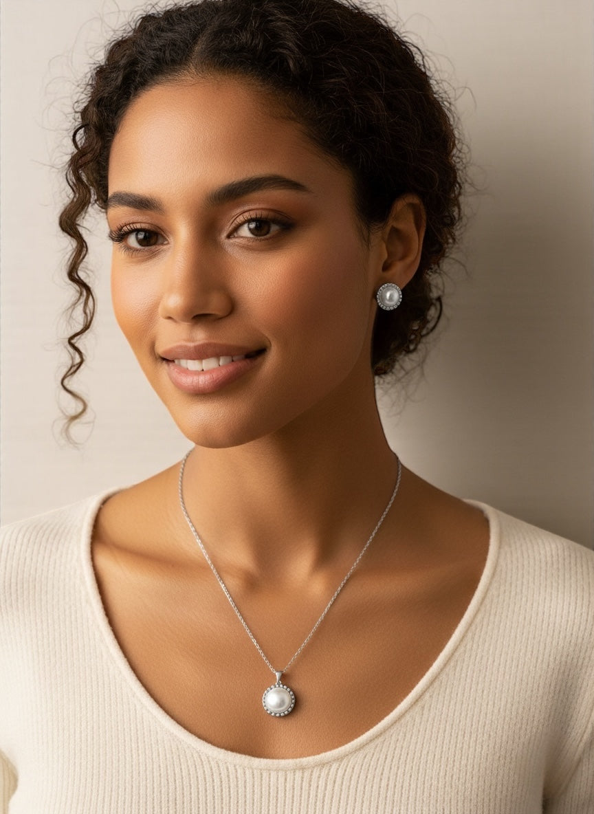 Elegant Pearl-Inspired Jewellery Set – Stainless Steel Necklace & Stud Earrings in Gold & Silver - Fatisha Boutique #