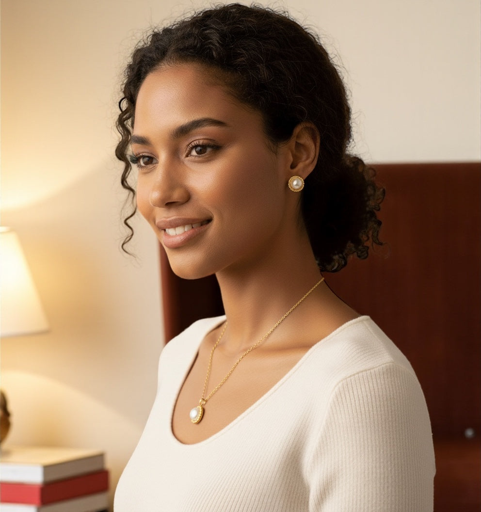 Elegant Pearl-Inspired Jewellery Set – Stainless Steel Necklace & Stud Earrings in Gold & Silver - Fatisha Boutique #