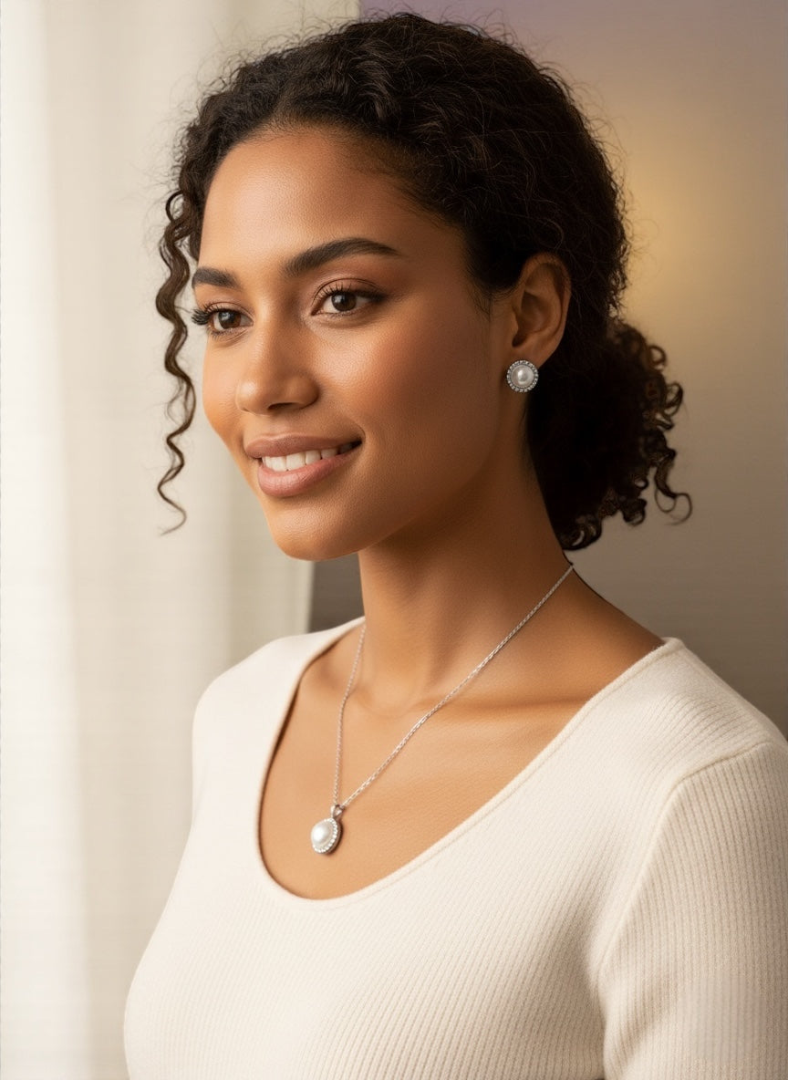 Elegant Pearl-Inspired Jewellery Set – Stainless Steel Necklace & Stud Earrings in Gold & Silver - Fatisha Boutique #