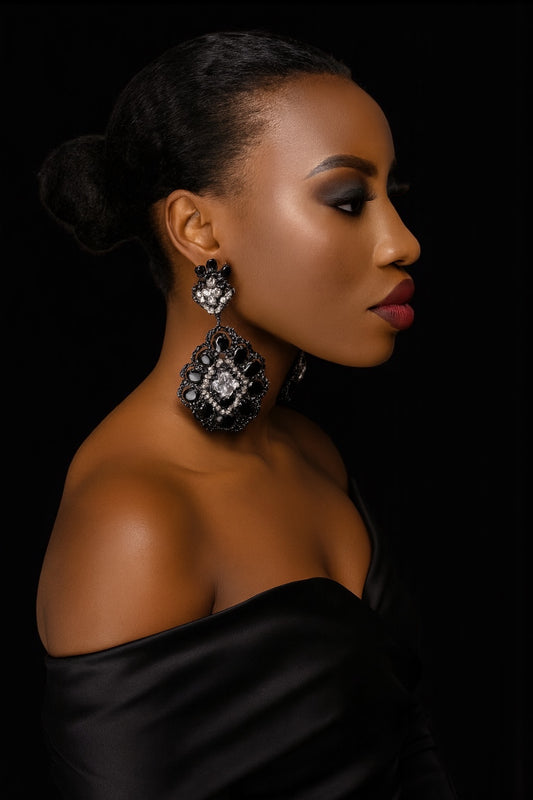 Elegant Black & Silver Rhinestone Statement Dangle Earrings – Bold Glamour Drop Design