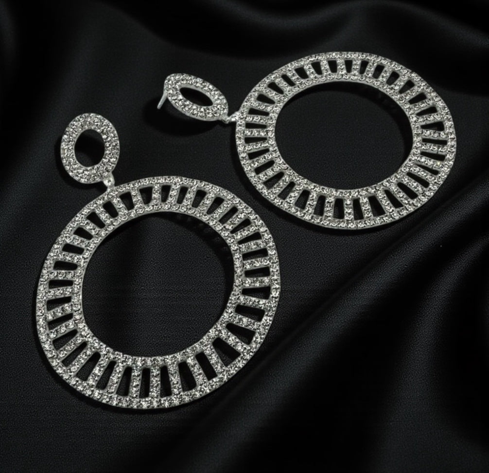 Double Circle Rhinestone Statement Earrings – Gold & Silver Drop Prom Jewellery - Fatisha Boutique #