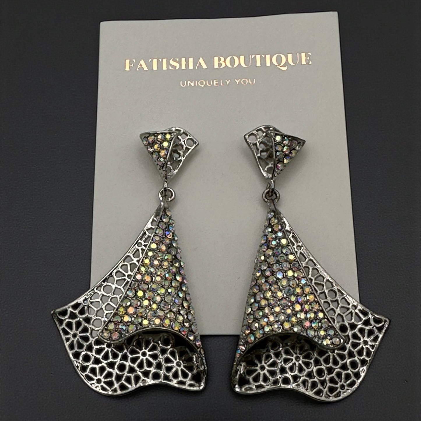 Elegant Crystal Filigree Fan Earrings | Gold & Silver Statement Drops