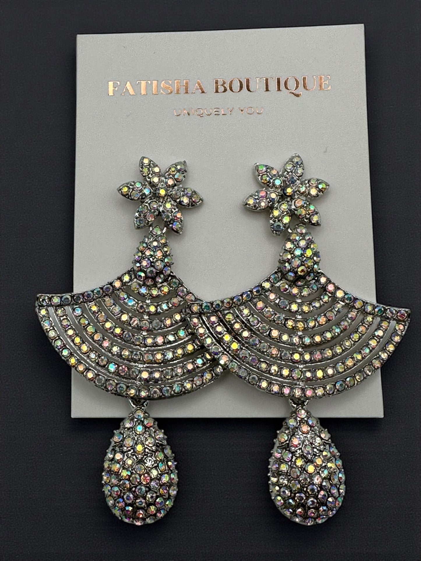 Floral Fan Crystal Statement Drop Earrings – Gold & Silver