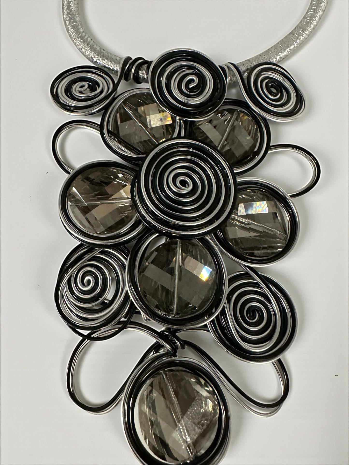 Bold Spiral Wirework Grey Crystal Statement Necklace & Earrings Set